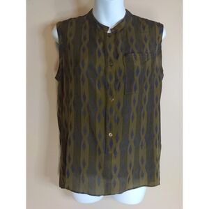 Pomandere Women Brown Blue Geometric Stripe Sleeveless Silk Top Size 38